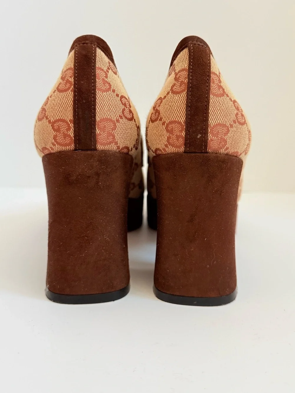 Gucci Horsebit GG Canvas Platform Pumps Monogram Brown Suede Block Heels EU 39 - Picture 4 of 11